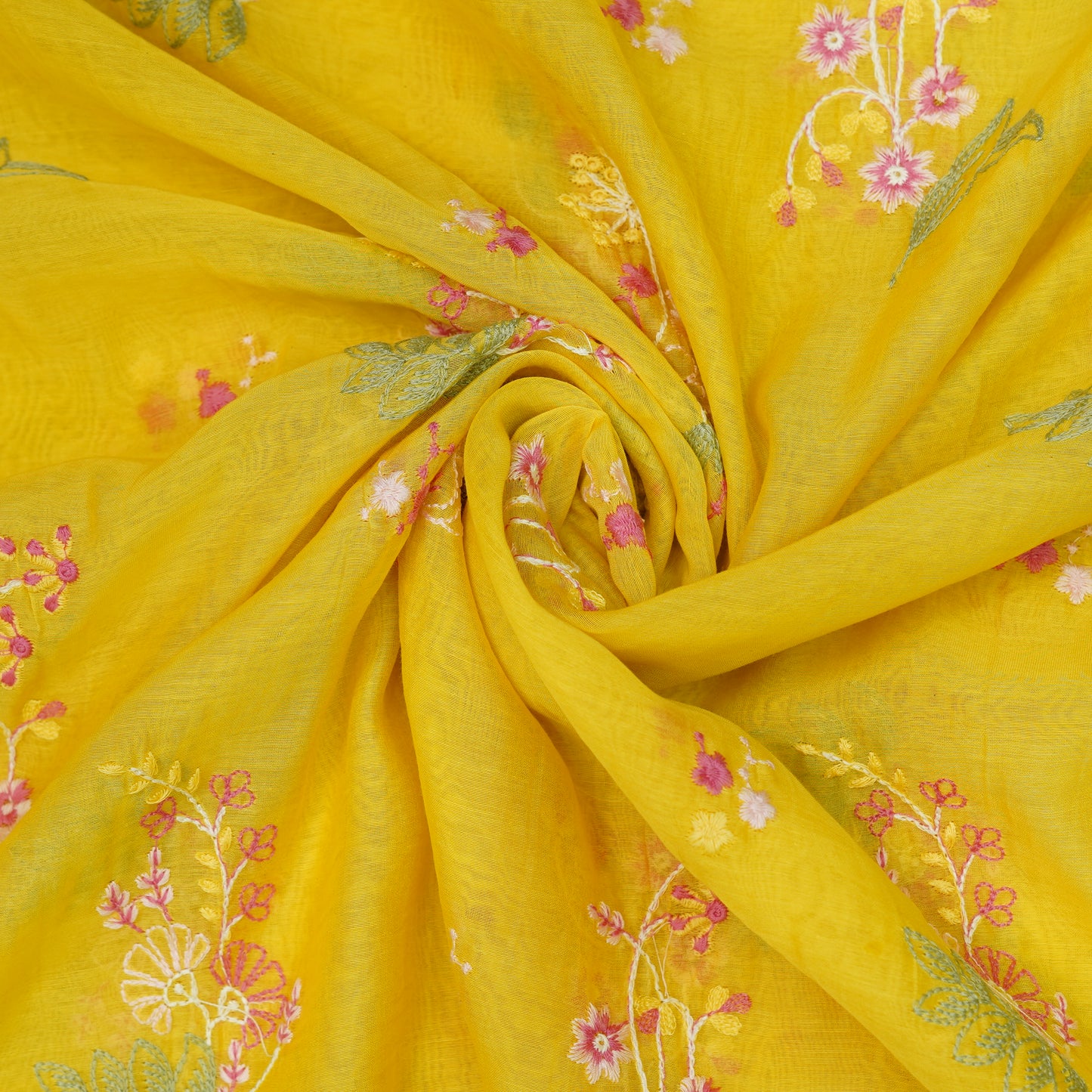 Sunshine Yellow Multicolor Floral Embroidery Fabric.