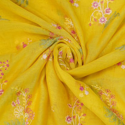 Sunshine Yellow Multicolor Floral Embroidery Fabric.
