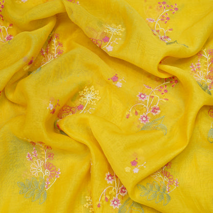 Sunshine Yellow Multicolor Floral Embroidery Fabric.