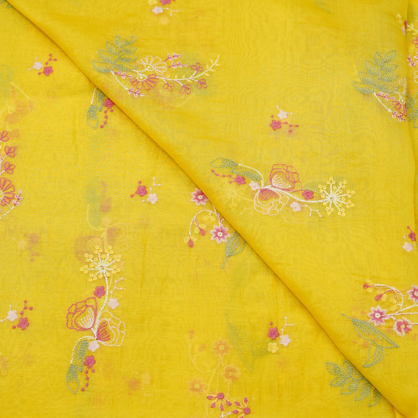 Sunshine Yellow Multicolor Floral Embroidery Fabric.