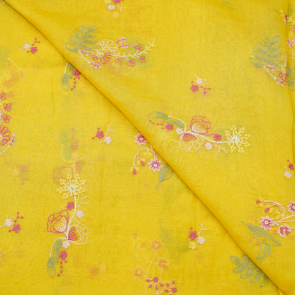 Sunshine Yellow Multicolor Floral Embroidery Fabric.
