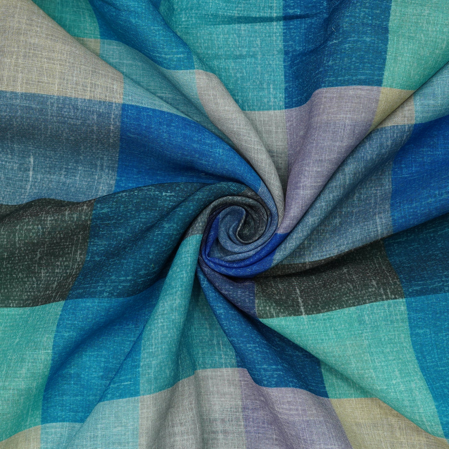 Ocean Blue Multicolor Checkered Linen Fabric.
