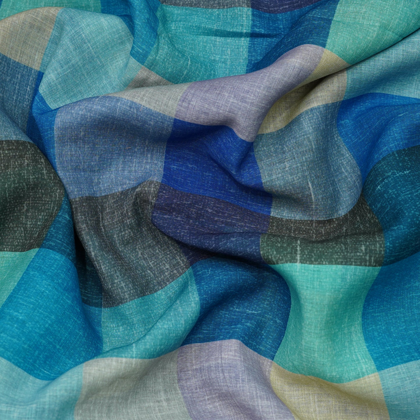 Ocean Blue Multicolor Checkered Linen Fabric.