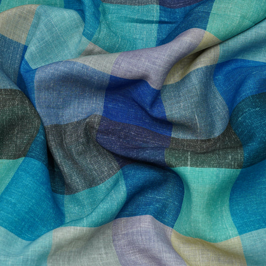 Ocean Blue Multicolor Checkered Linen Fabric.