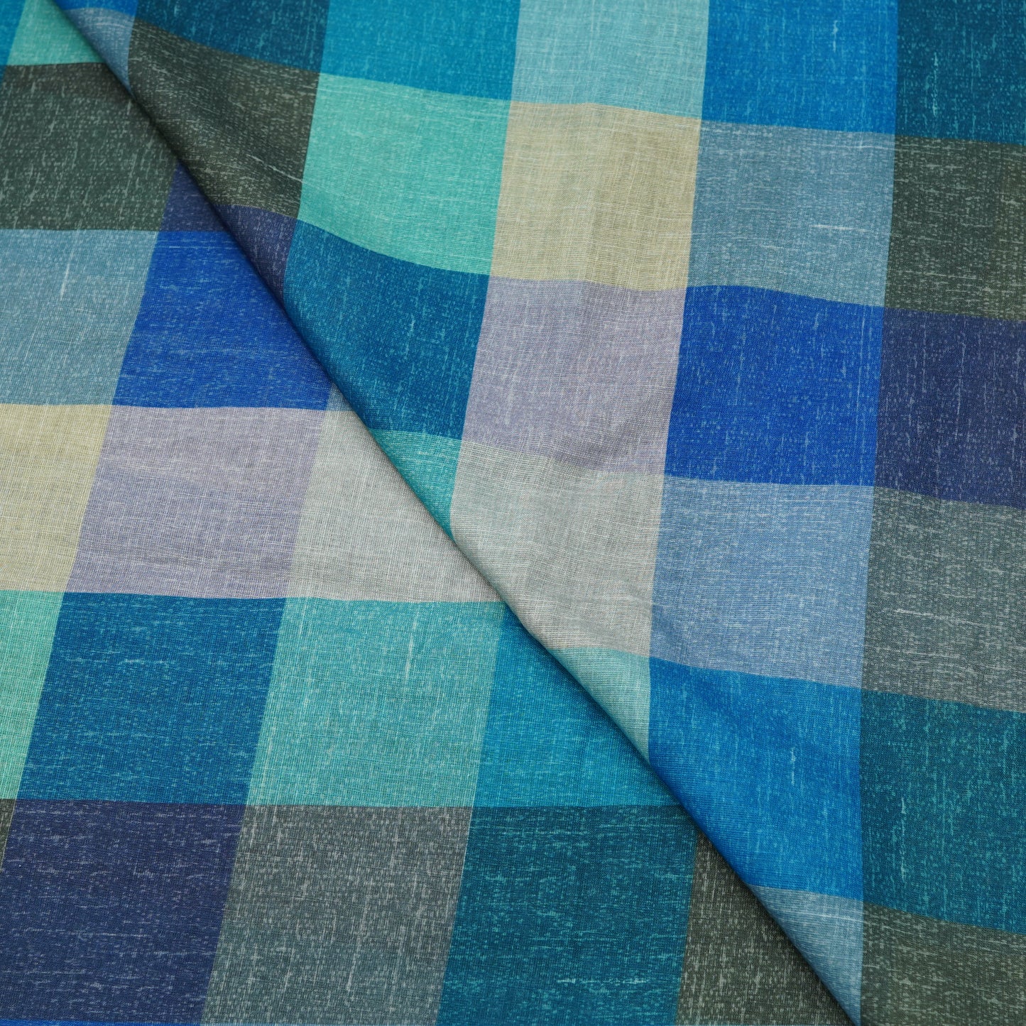 Ocean Blue Multicolor Checkered Linen Fabric.