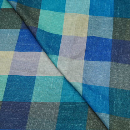 Ocean Blue Multicolor Checkered Linen Fabric.