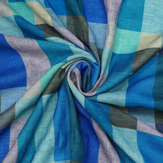 Aqua Blue Multicolor Checkered Linen Fabric