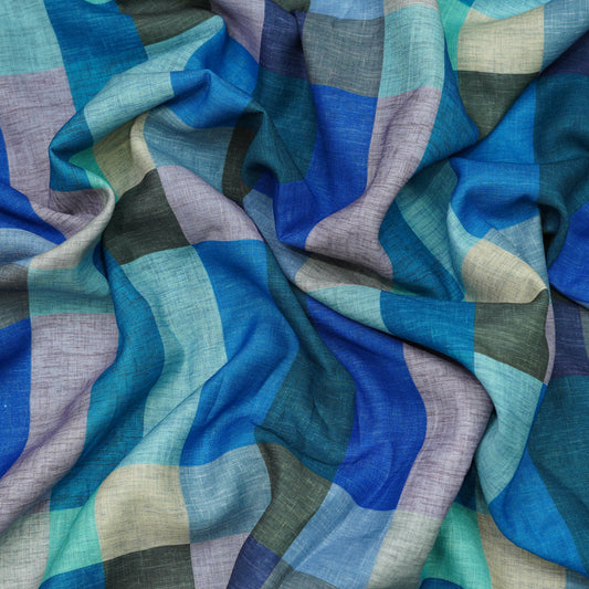 Aqua Blue Multicolor Checkered Linen Fabric