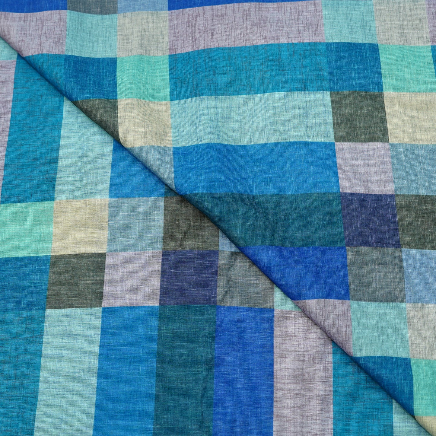Aqua Blue Multicolor Checkered Linen Fabric