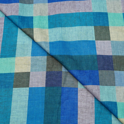 Aqua Blue Multicolor Checkered Linen Fabric