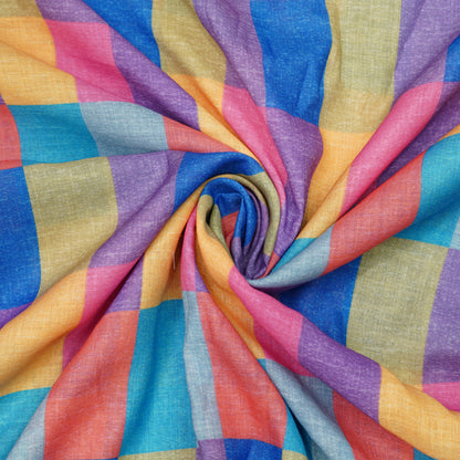 Pastel Rainbow Checkered Linen Fabric