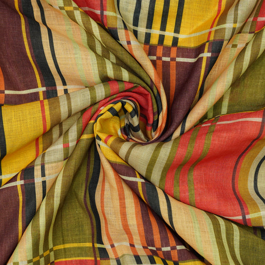 Vintage Multicolor Plaid Linen Fabric.