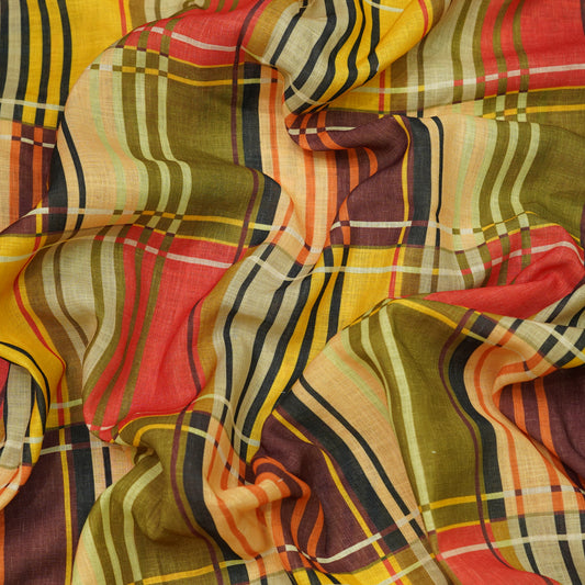 Vintage Multicolor Plaid Linen Fabric.