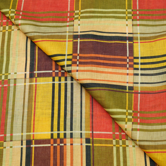 Vintage Multicolor Plaid Linen Fabric.