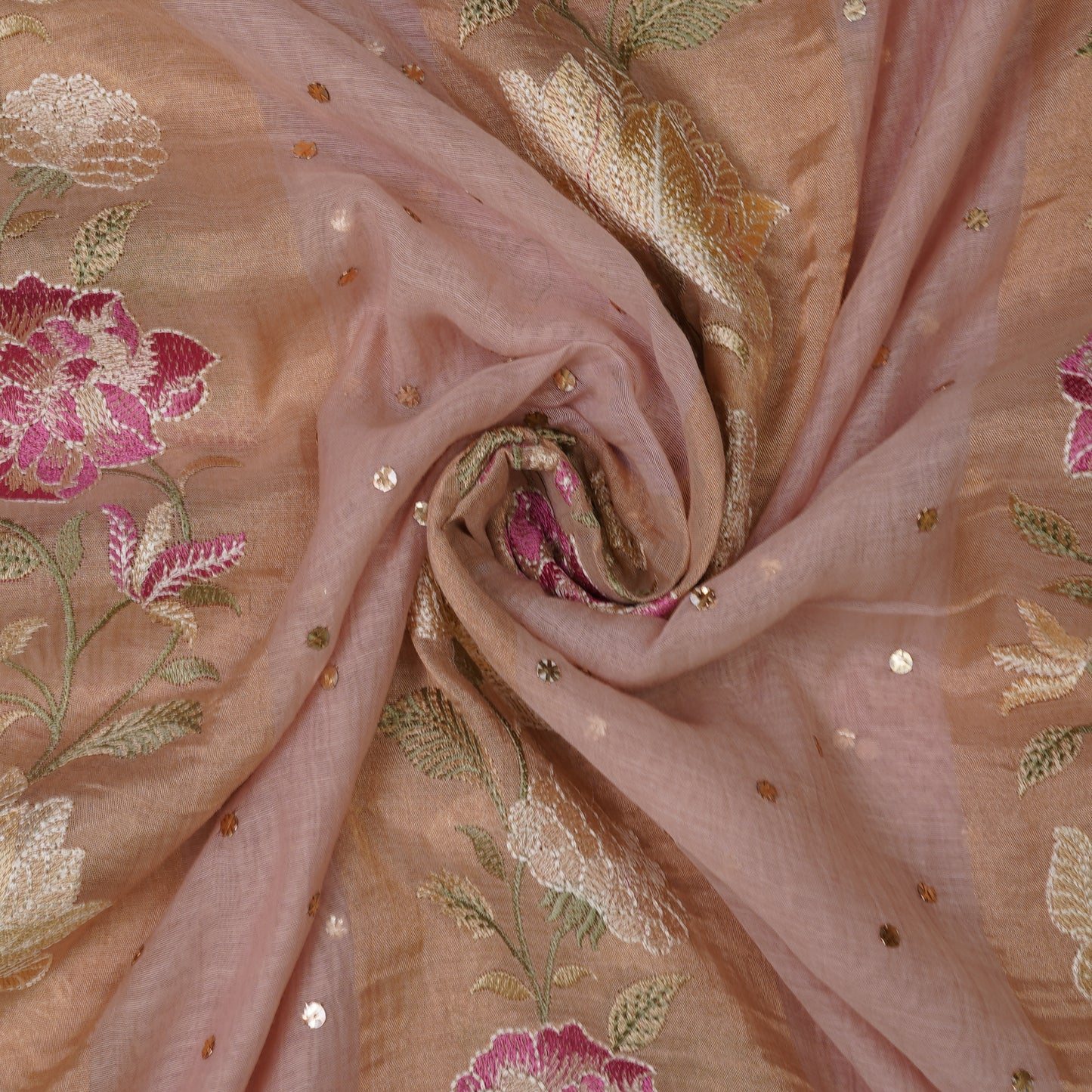 Blush Peach Floral Embroidered Organza Fabric