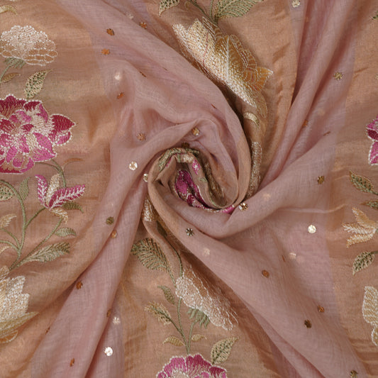 Blush Peach Floral Embroidered Organza Fabric