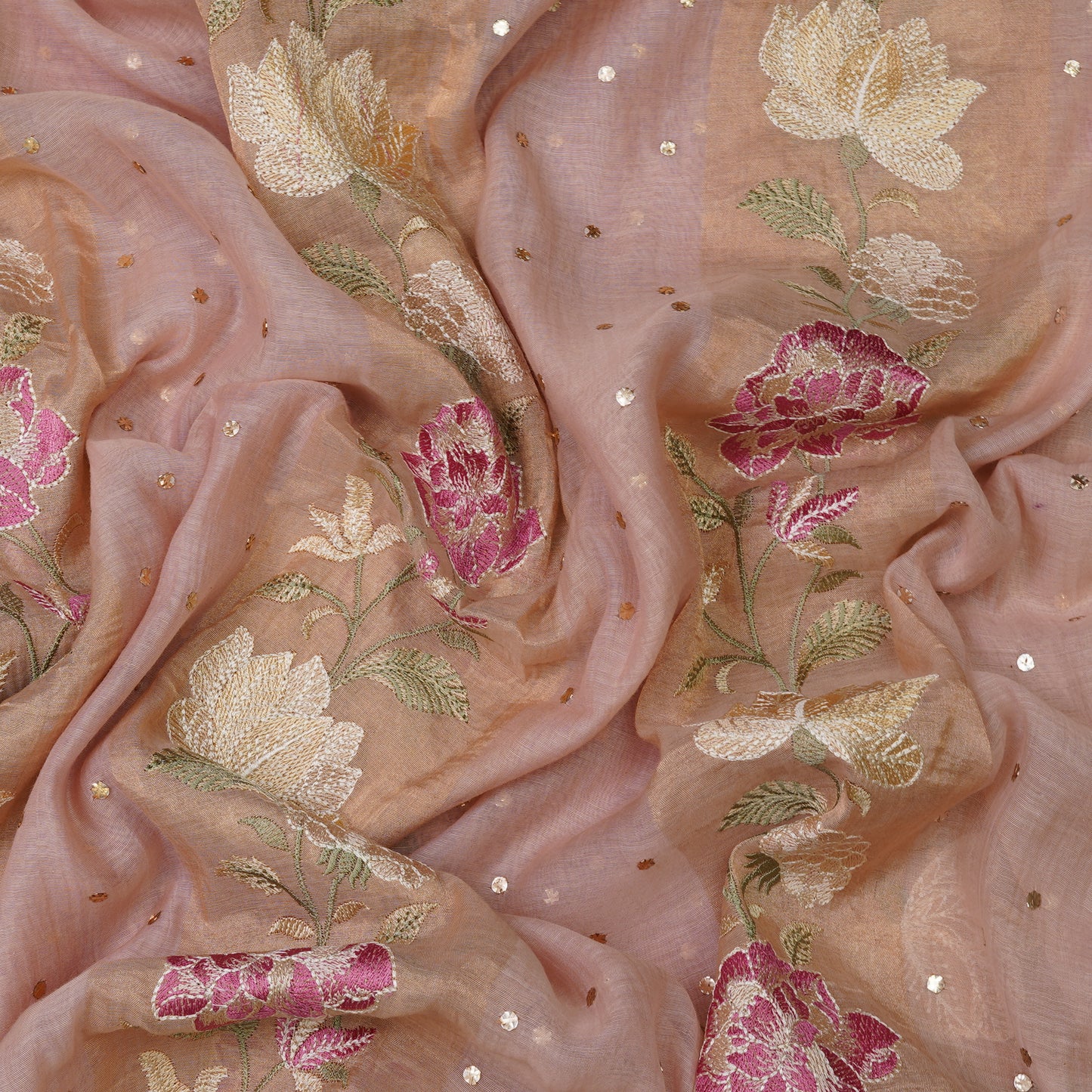 Blush Peach Floral Embroidered Organza Fabric