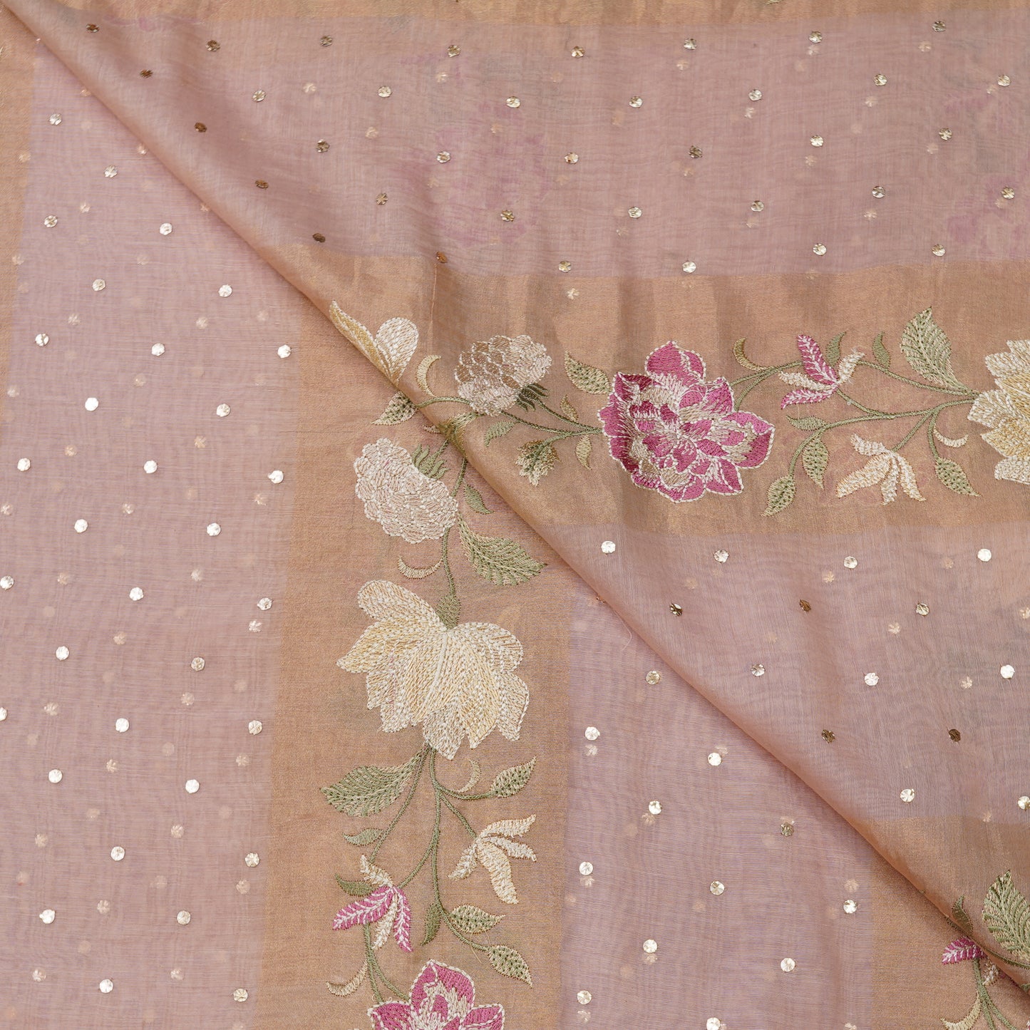 Blush Peach Floral Embroidered Organza Fabric