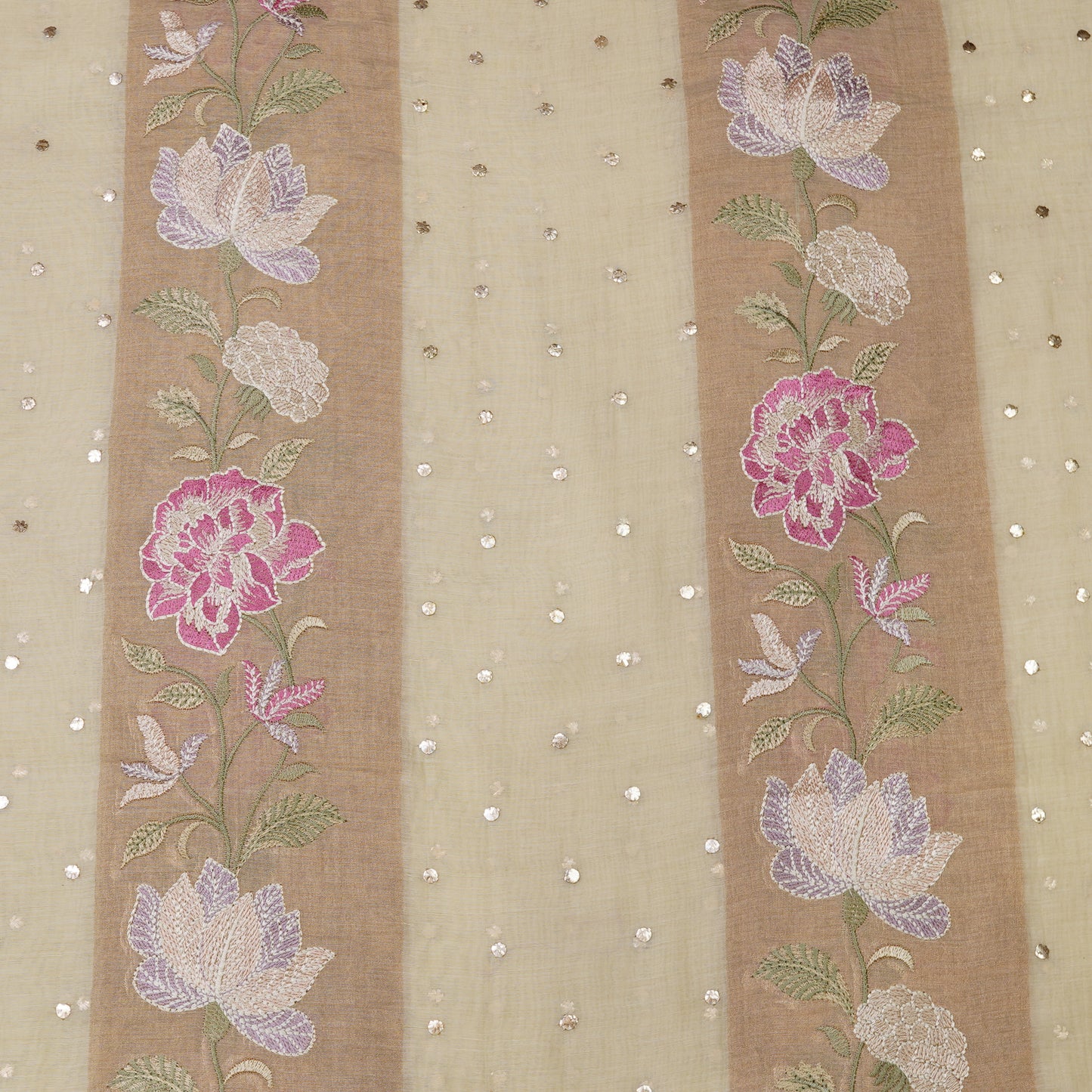Ivory Beige Floral Embroidered Organza Fabric.