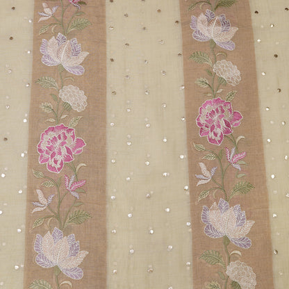 Ivory Beige Floral Embroidered Organza Fabric.