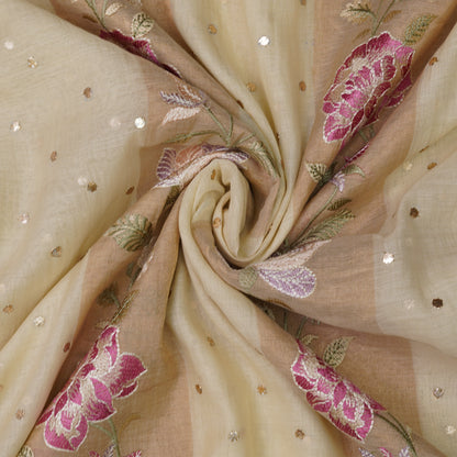 Ivory Beige Floral Embroidered Organza Fabric.