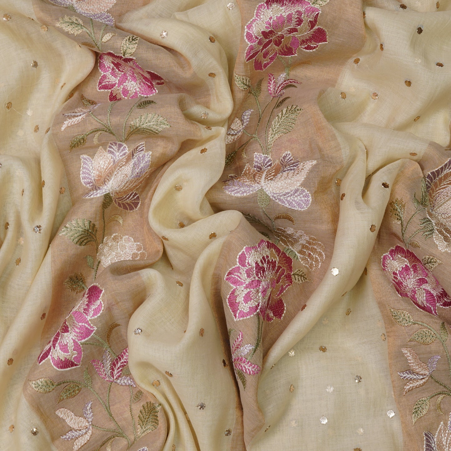 Ivory Beige Floral Embroidered Organza Fabric.