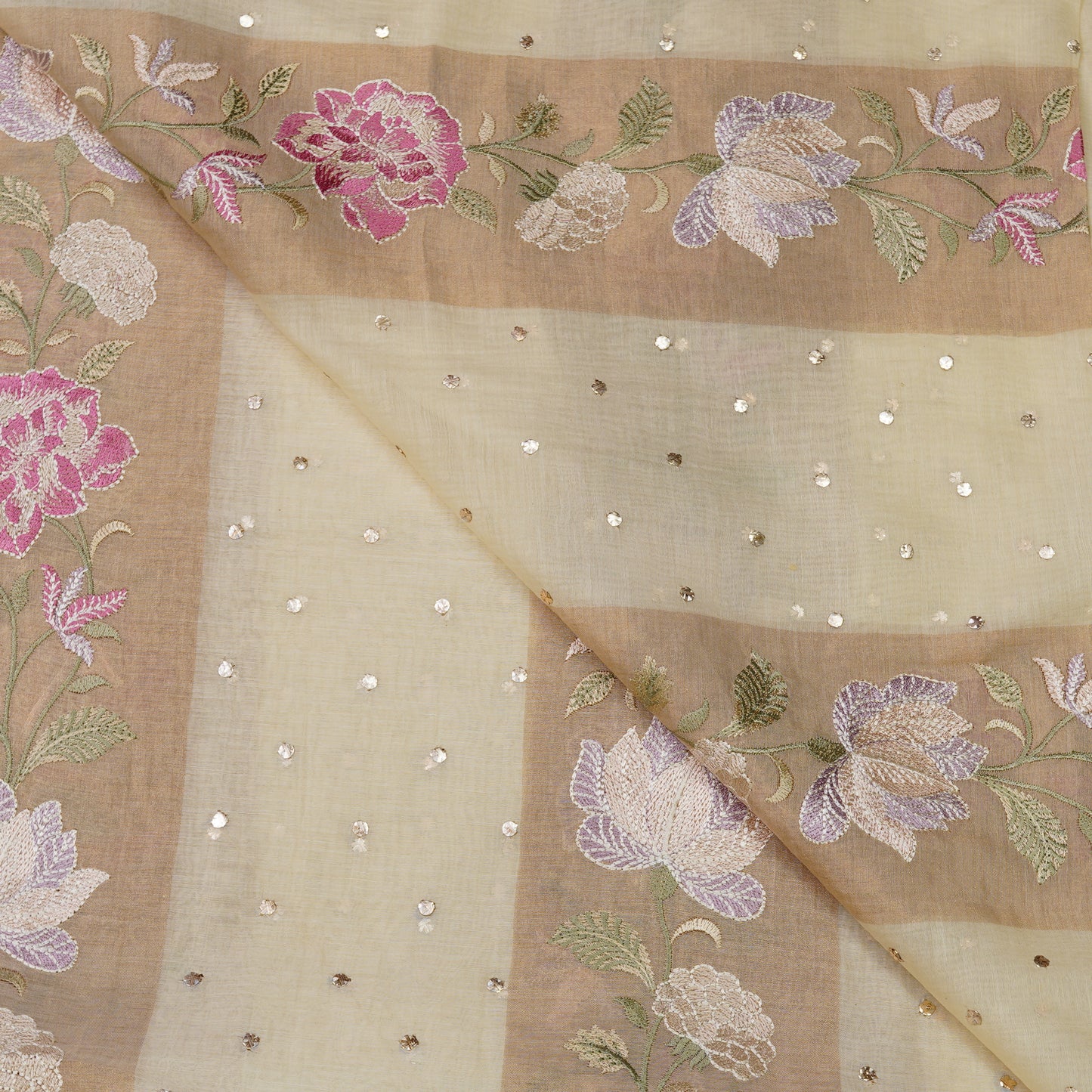 Ivory Beige Floral Embroidered Organza Fabric.