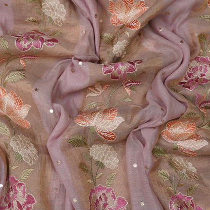 Dusty Mauve Floral Embroidered Organza Fabric