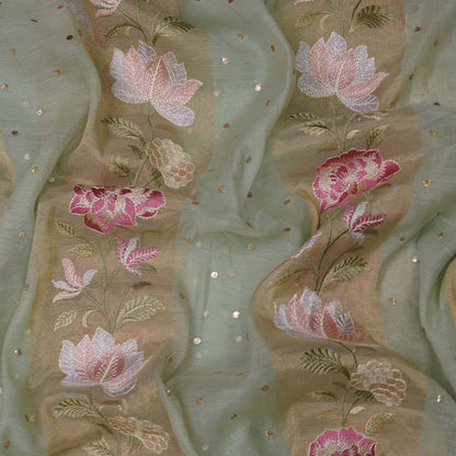 Aqua Blue Floral Embroidered Organza Fabric