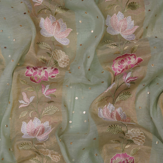 Aqua Blue Floral Embroidered Organza Fabric