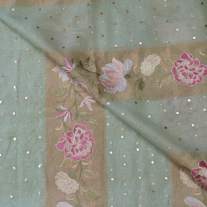 Aqua Blue Floral Embroidered Organza Fabric