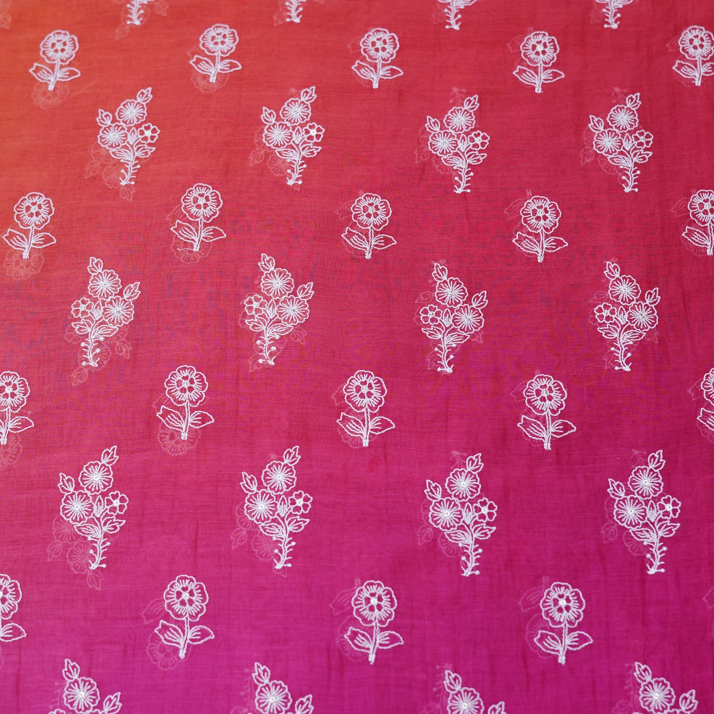 Pink Orange Ombré Floral Embroidered Chanderi Fabric