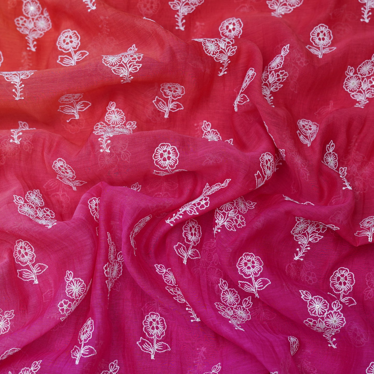 Pink Orange Ombré Floral Embroidered Chanderi Fabric