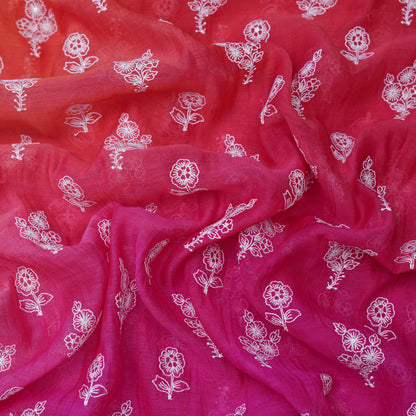 Pink Orange Ombré Floral Embroidered Chanderi Fabric