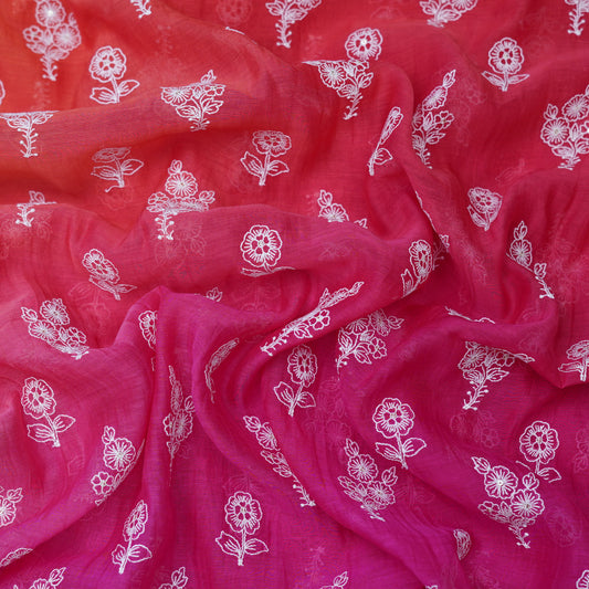 Pink Orange Ombré Floral Embroidered Chanderi Fabric