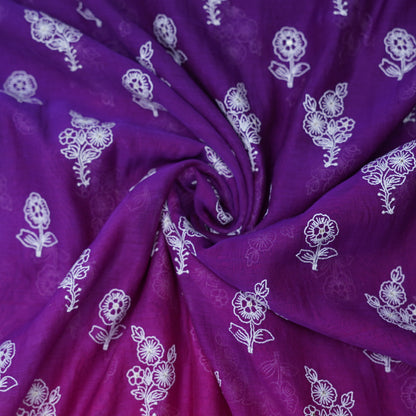Purple Pink Ombré Floral Embroidered Chanderi Fabric.