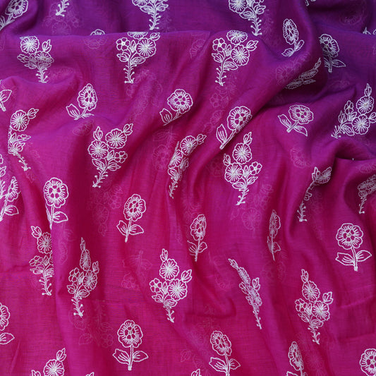 Purple Pink Ombré Floral Embroidered Chanderi Fabric.