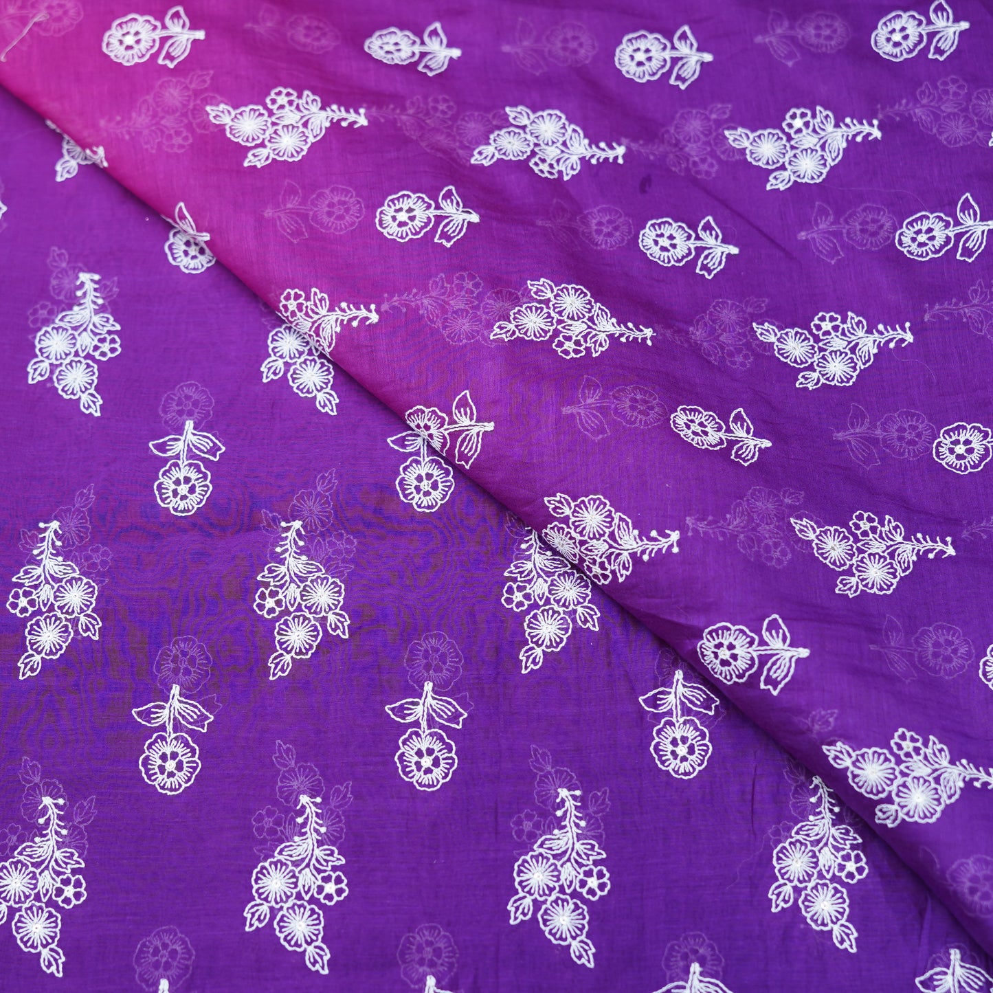 Purple Pink Ombré Floral Embroidered Chanderi Fabric.