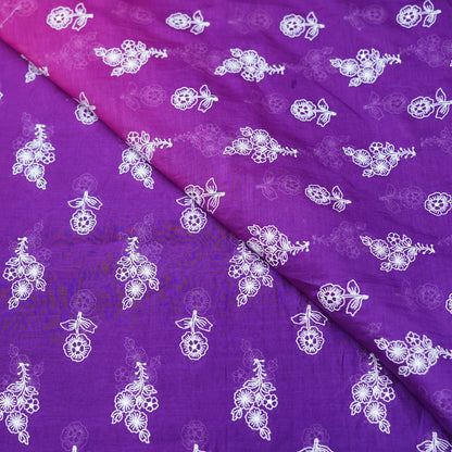 Purple Pink Ombré Floral Embroidered Chanderi Fabric.