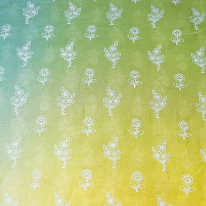 Aqua Green Yellow Ombré Floral Embroidered Chanderi Fabric.