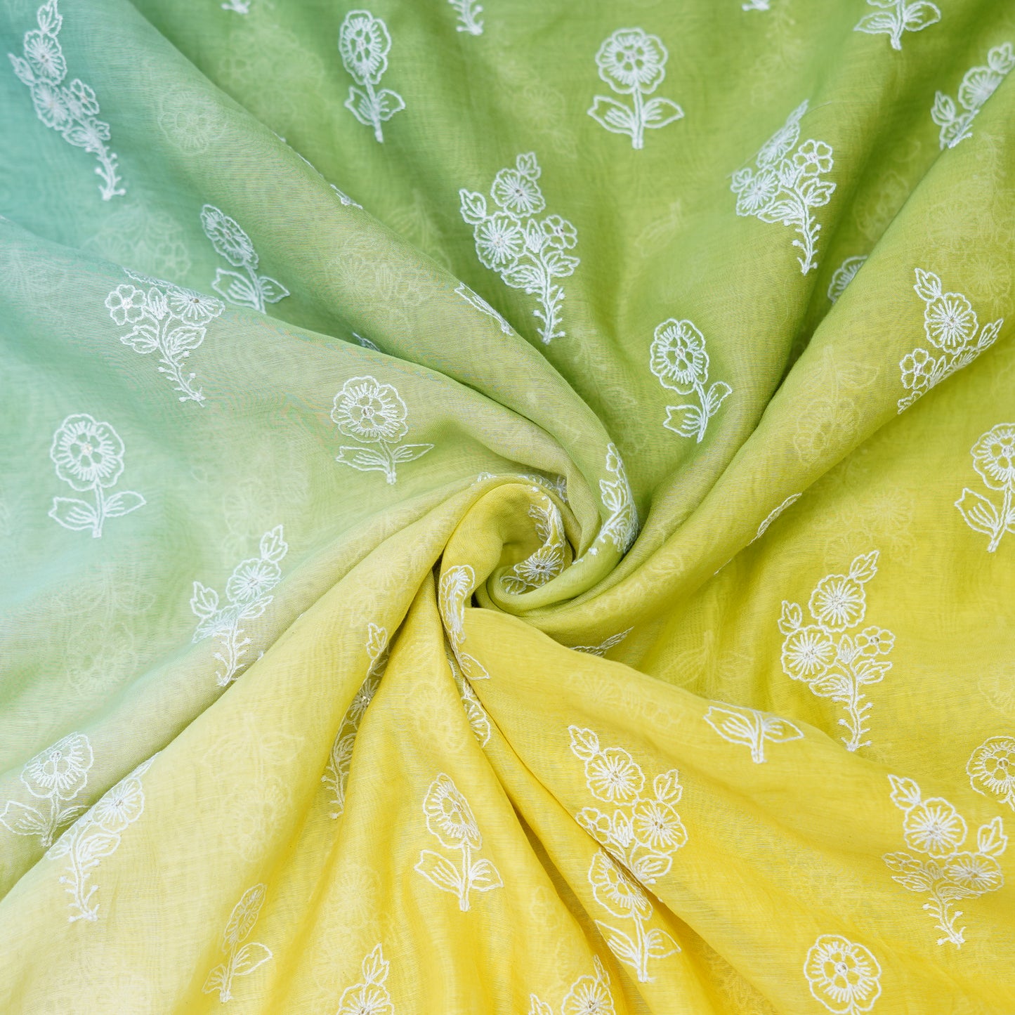 Aqua Green Yellow Ombré Floral Embroidered Chanderi Fabric.