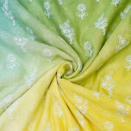 Aqua Green Yellow Ombré Floral Embroidered Chanderi Fabric.