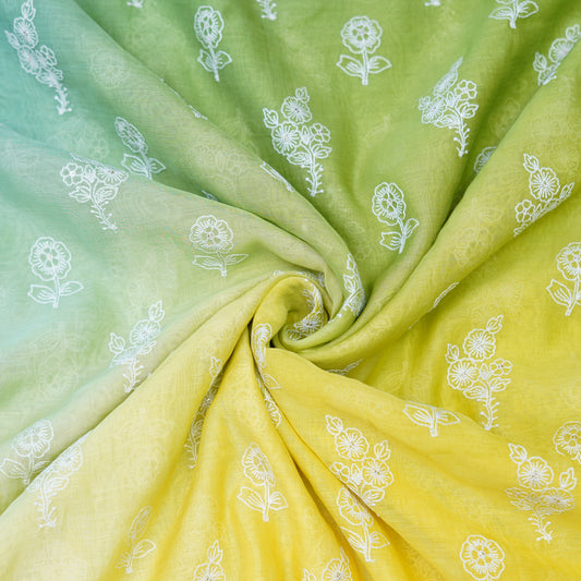 Aqua Green Yellow Ombré Floral Embroidered Chanderi Fabric.