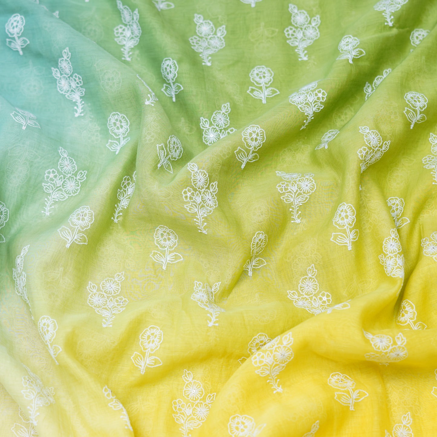 Aqua Green Yellow Ombré Floral Embroidered Chanderi Fabric.