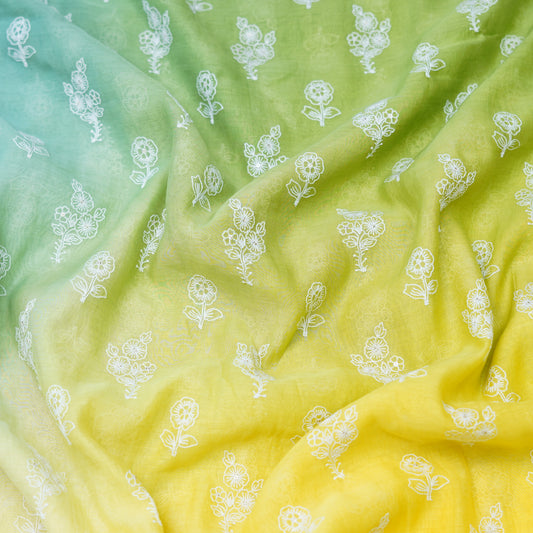Aqua Green Yellow Ombré Floral Embroidered Chanderi Fabric.