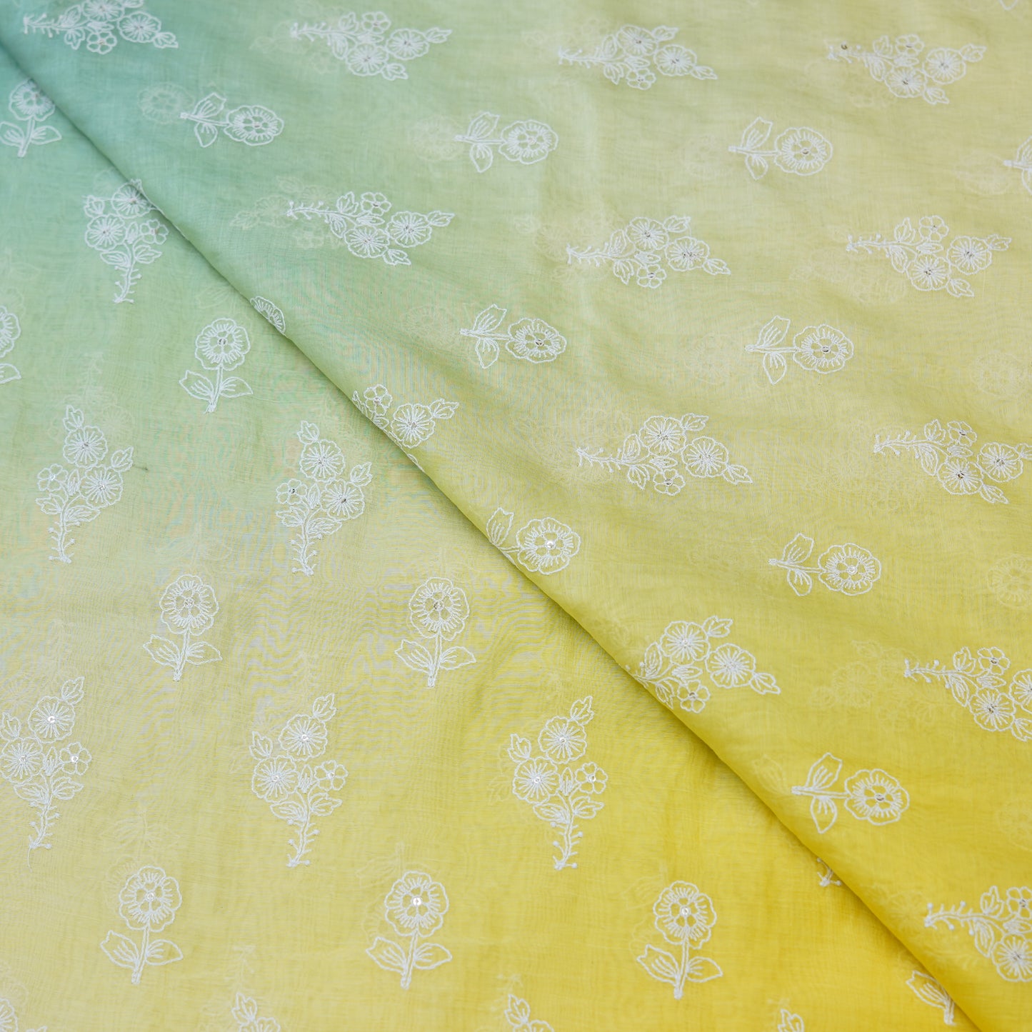 Aqua Green Yellow Ombré Floral Embroidered Chanderi Fabric.