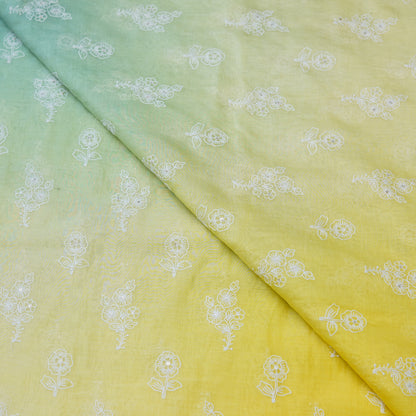 Aqua Green Yellow Ombré Floral Embroidered Chanderi Fabric.