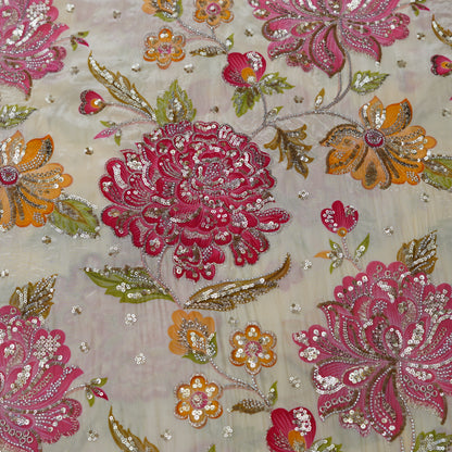 Ivory Multicolor Floral Sequin Embroidered Organza Fabric.