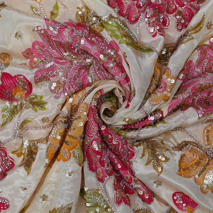 Ivory Multicolor Floral Sequin Embroidered Organza Fabric.