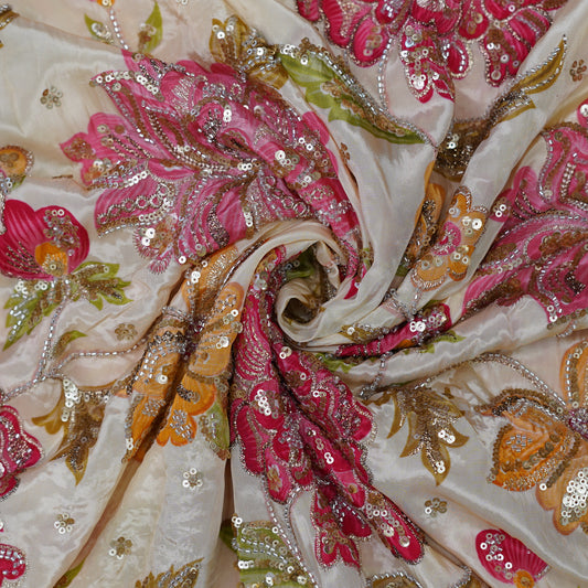Ivory Multicolor Floral Sequin Embroidered Organza Fabric.